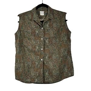 Cos Cob  Top Womens 13/14 Brown Green Paisley Sleeveless Button Down Vintage